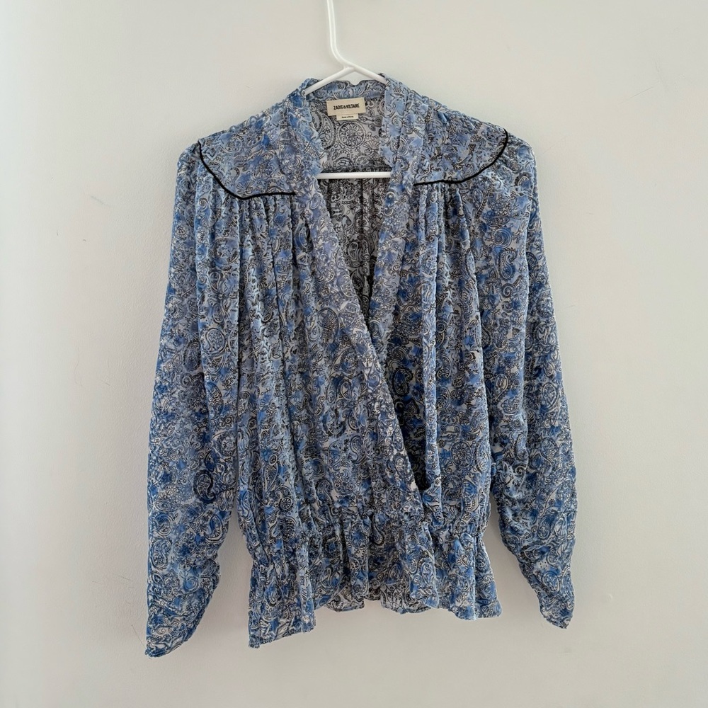 Zadig & Voltaire Tori Velours Devore Burnout Velvet Surplice Peplum Blouse